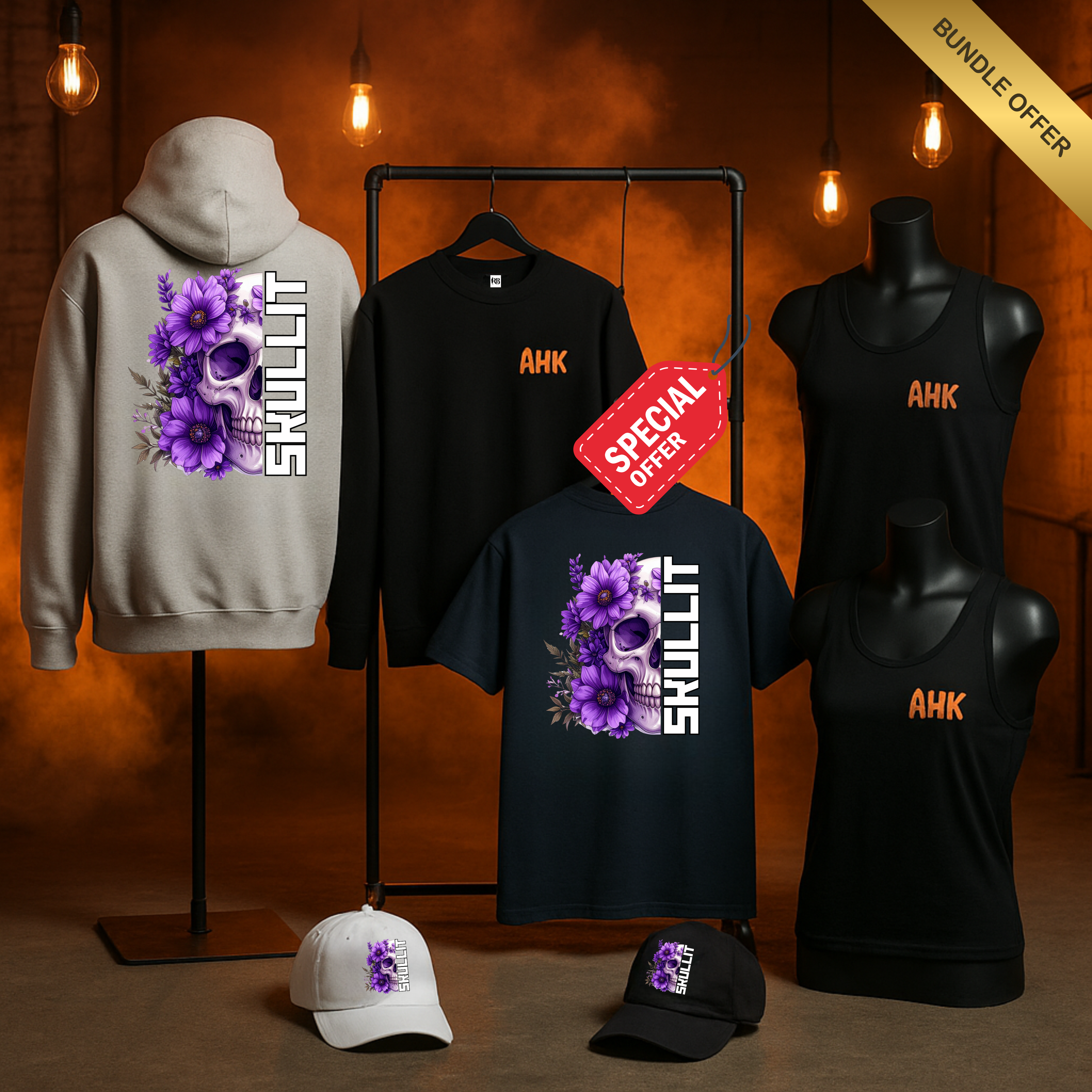 SKULLIT x AHK – Floral Skull Limited Edition Collection | Halloween Streetwear ( Cap, Hoodie or Sweatshirts, Tee or Tank)