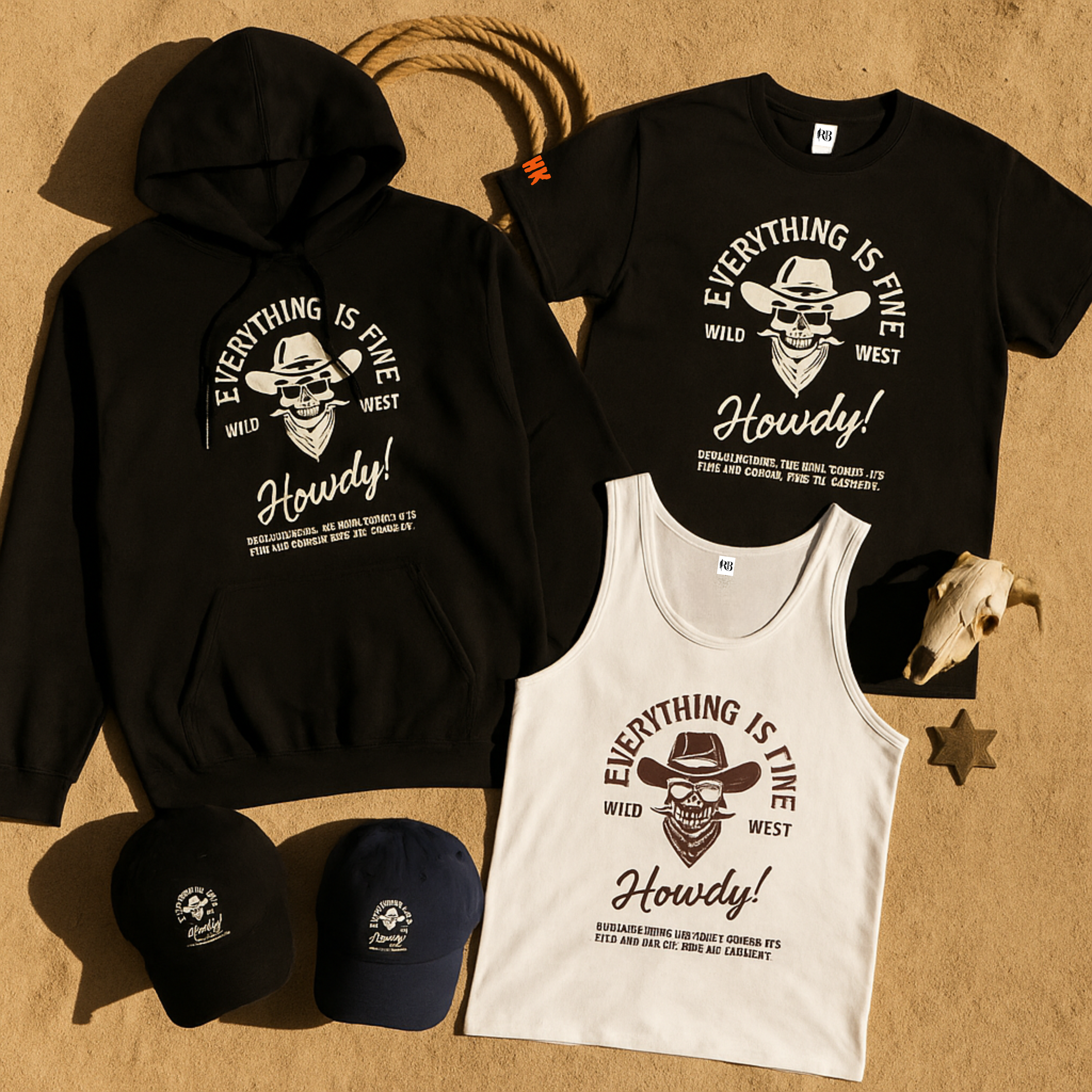 EVERYTHING IS FINE – HOWDY! x AHK | 🤠Wild West Halloween Collection  ( Cap, Hoodie, Tee or Tank)