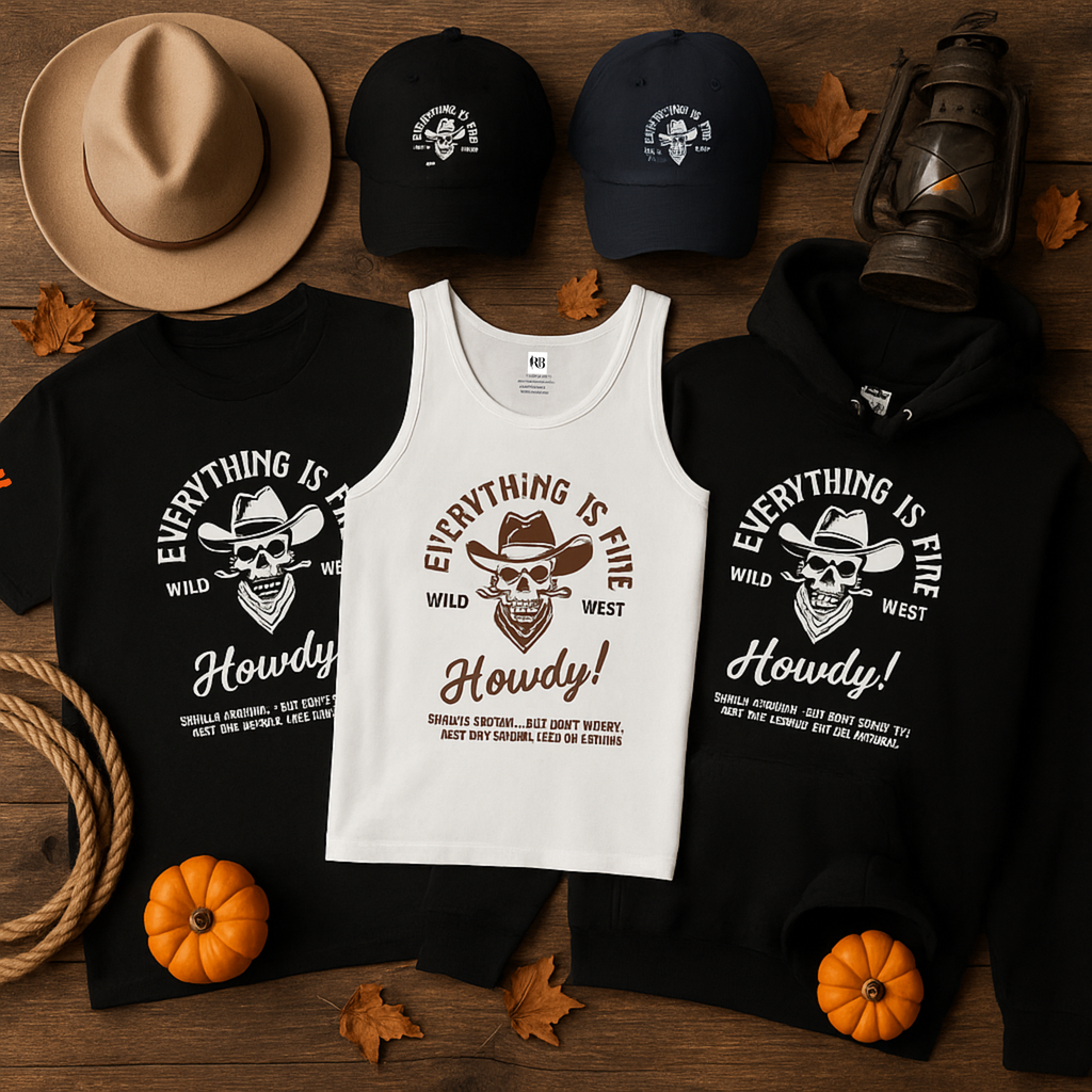 EVERYTHING IS FINE – HOWDY! x AHK | 🤠Wild West Halloween Collection  ( Cap, Hoodie, Tee or Tank)