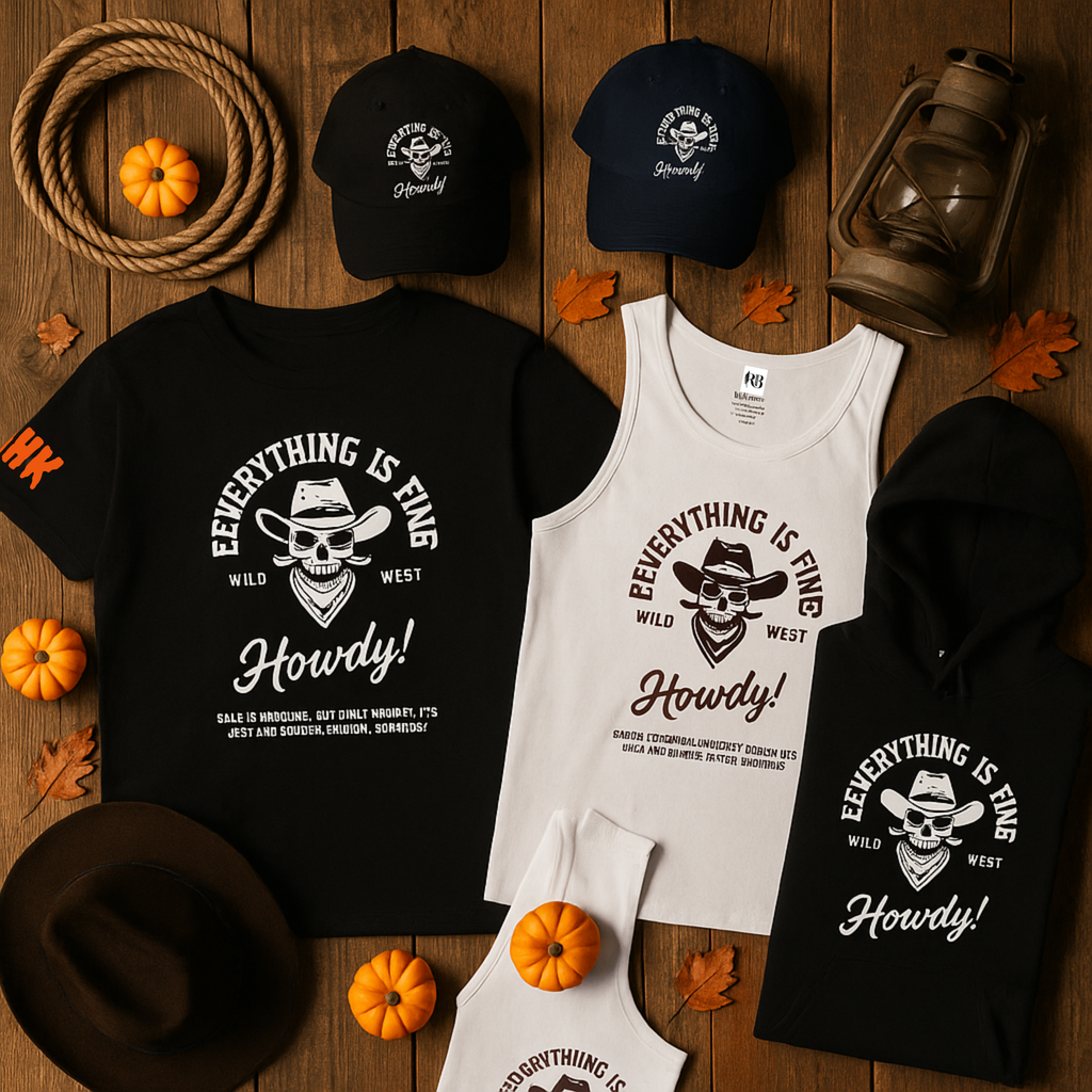 EVERYTHING IS FINE – HOWDY! x AHK | 🤠Wild West Halloween Collection  ( Cap, Hoodie, Tee or Tank)