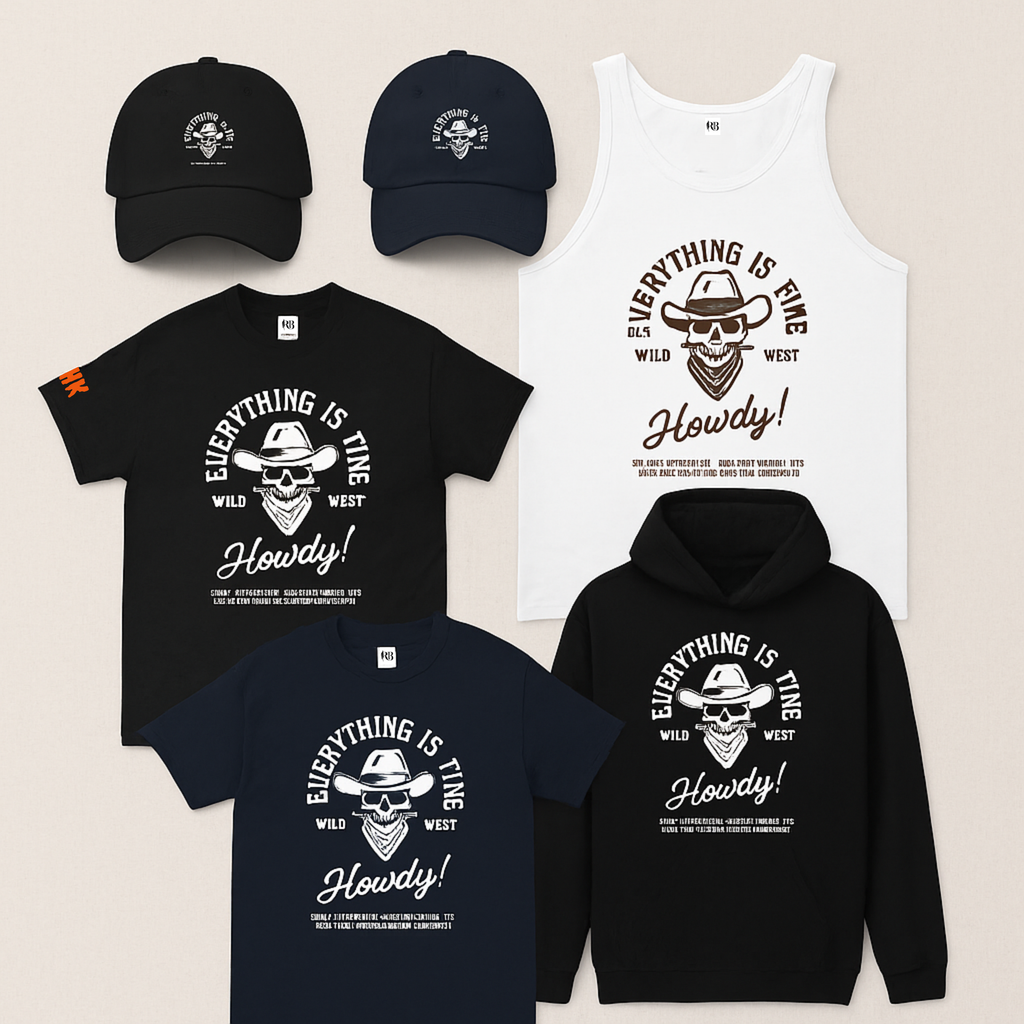 EVERYTHING IS FINE – HOWDY! x AHK | 🤠Wild West Halloween Collection  ( Cap, Hoodie, Tee or Tank)