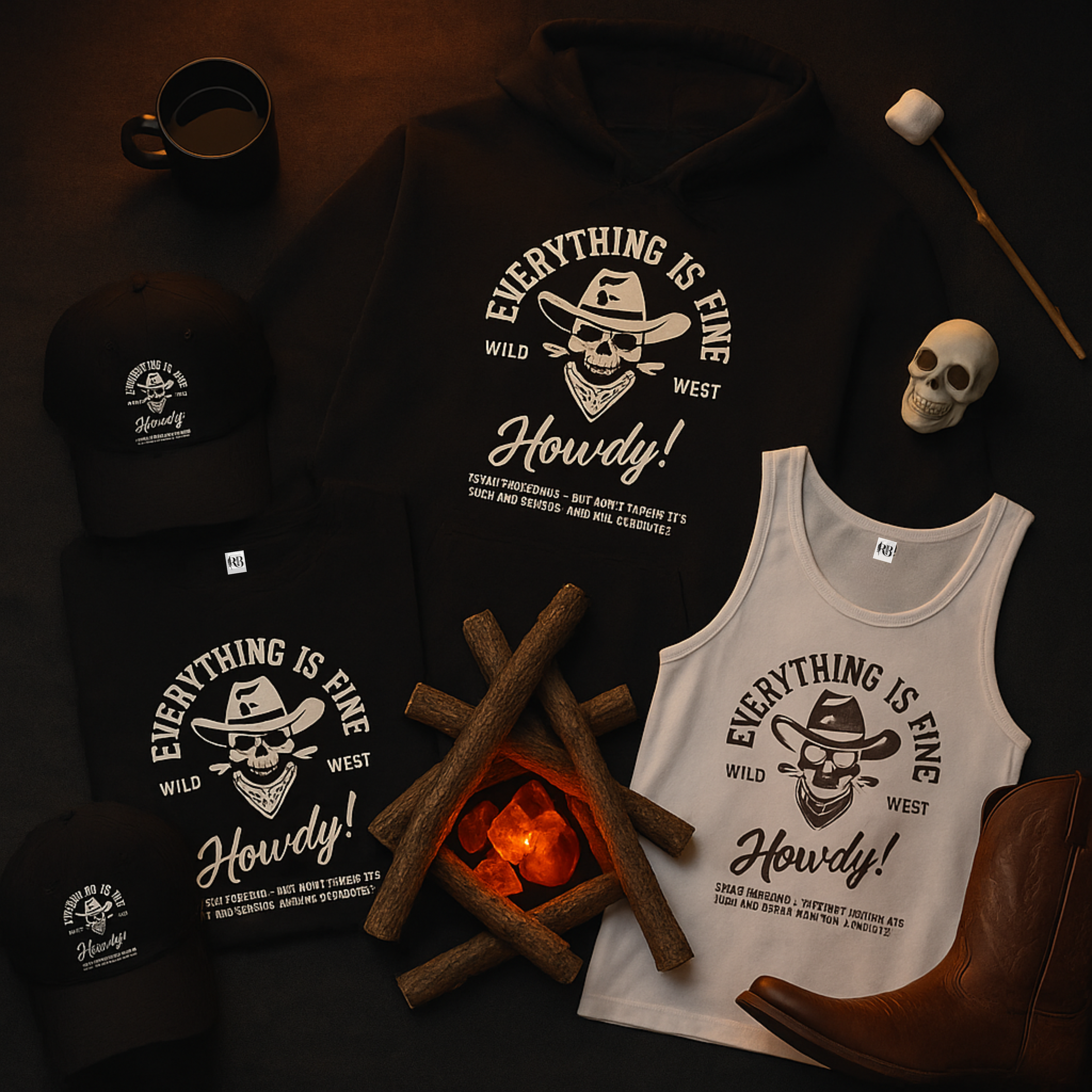 EVERYTHING IS FINE – HOWDY! x AHK | 🤠Wild West Halloween Collection  ( Cap, Hoodie, Tee or Tank)