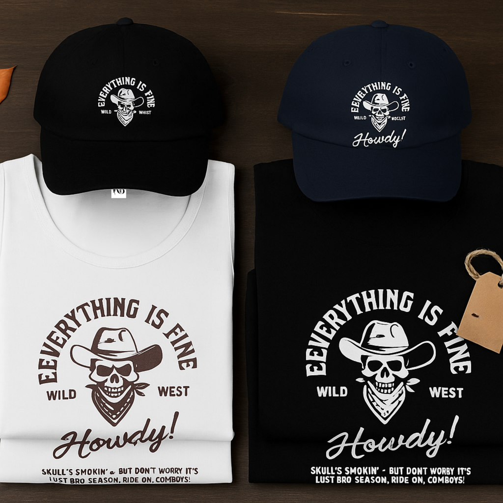 EVERYTHING IS FINE – HOWDY! x AHK | 🤠Wild West Halloween Collection  ( Cap, Hoodie, Tee or Tank)